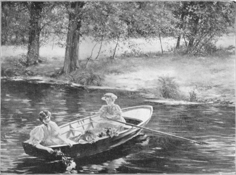 A black and white photograph of a painting, by L. P. Lamy, of two women, in Victorian dress  in a rowboat.