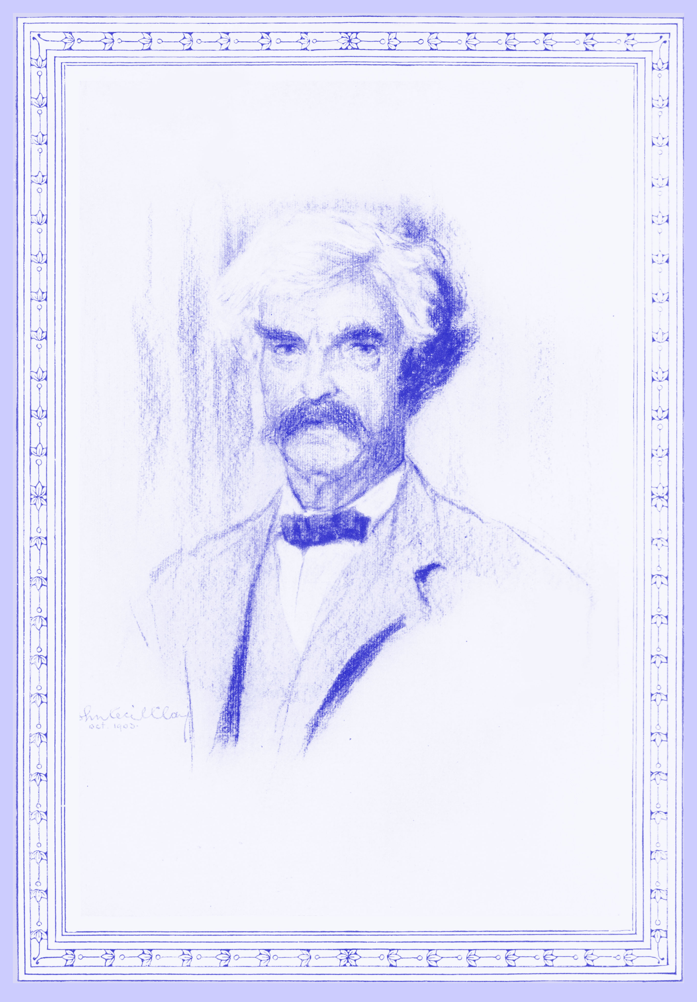 Black and white crayon sketch of Mark Twain by John Cecil Clay, October 1903, with white hair and a dark moustache, wearing a light suit with a dark softly folded bowtie.