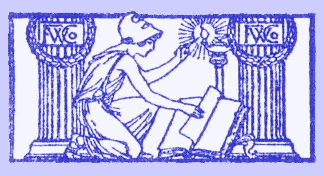 Black and white woodcut of Minerva, with helmet, seated, reading a book, between two fluted pillars.