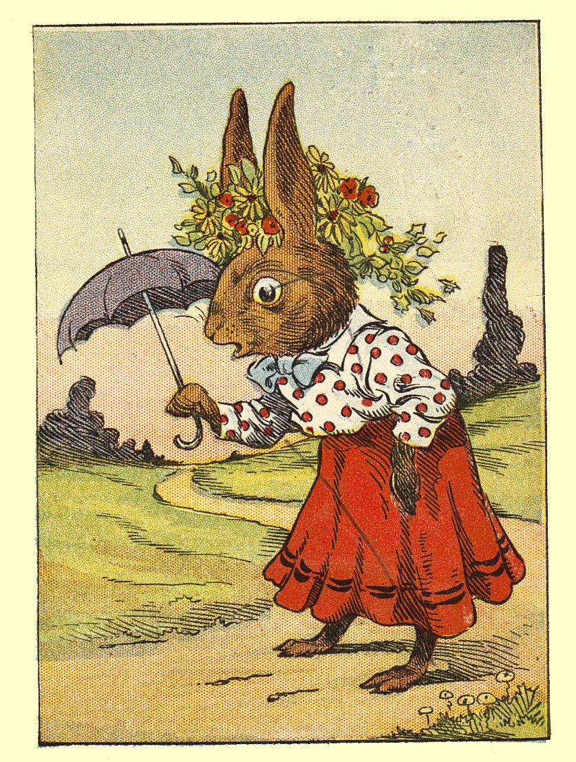 A Bunny is walking on a path, upright, holding an umbrella and wearing a red skirt and a red and white polka-dotted shirt.  She has a bonnet of flowers and leaves on her head between her two brown years which are pointing upright.