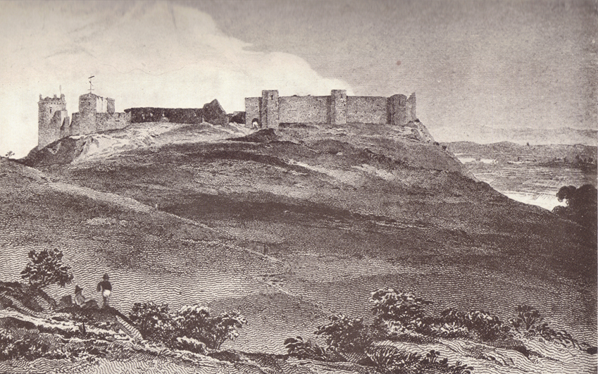 A black and white engraving, of the Castle of Lucera, on a small hill, with smaller bare rolling hills before it.