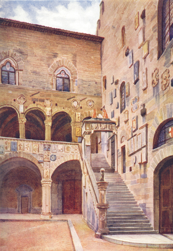 A colored plate of a painting by C. E. Dawson, of the court of the Bargello, Florence, Italy.