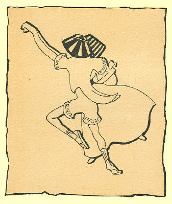 Black and White pen and ink Cartoon by T. Gilbert White, a the rear view of a man dancing gracefully in shorts with the usual Greek key pattern on hem, and a short dinner coat, dancing with a girl, and only her flowing skiry and a portion of her Egyptian head-dress is seen