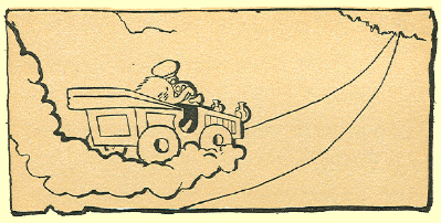 Black and White pen and ink Cartoon by T. Gilbert White, a view from behind a man riding down the road in a convertible roadster.  The road is seen for a long distance in front of him and there is a cloud of smoke emanating from his front tire