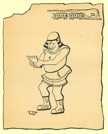 Black and White pen and ink Cartoon by T. Gilbert White, A stocky man in a toga reading a letter, with a train moving off in the distance