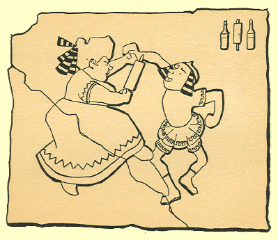 Black and White pen and ink Cartoon by T. Gilbert White, A man and a woman fighting, she holds a rolling pin, both in Roman dress, a crack runs through the picture