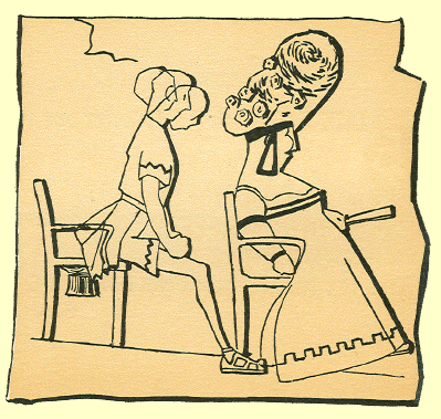 Black and White pen and ink Cartoon by T. Gilbert White, A seated man bobbing his head trying to see over a couple, one of whom has a towering plumed head-dress