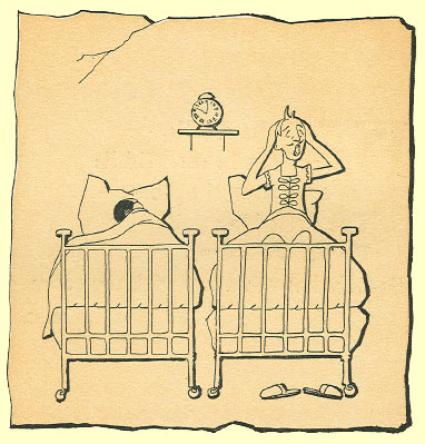 Black and White pen and ink Cartoon by T. Gilbert White, of two twin beds, in one a man is sleeping, in the other one is sitting up holding his head.