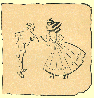 Black and White pen and ink Cartoon by T. Gilbert White, of a boy in a toga with a cut-away coat, looking at a girl with a dress an a striped Egyptian style hat 