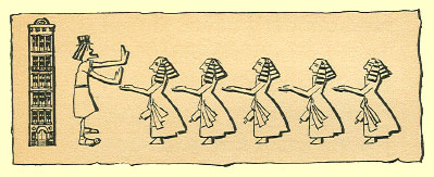 Black and White pen and ink Cartoon by T. Gilbert White, of a man in a toga, holding up his arms as if to to motion 'Halt' to a line of five women.
