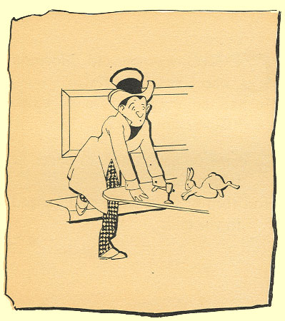Black and White pen and ink Cartoon by T. Gilbert White, a man with a top hat on, leaning on a table which has a bunny rabbit on hopping towards a goblet. 