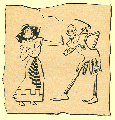 Black and White pen and ink Cartoon by T. Gilbert White, A horrified lady in a mock Egyptian gown and hat, holding a mirror in one hand.  Her left hand is held out straight holding off a bowing skeleton in jester's dress