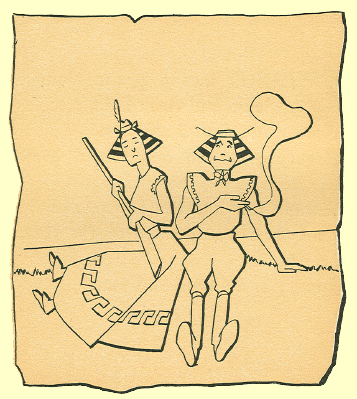 Black and White pen and ink Cartoon by T. Gilbert White, A lady holding a rifle is sitting on the ground next to a man smoking a cigarette in jodhpurs and riding boots.  Both have mock Egyptian scarves on