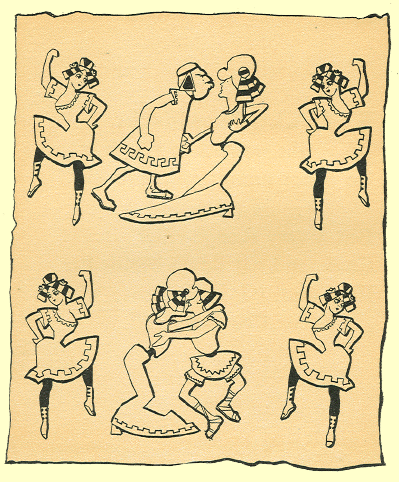 Black and White pen and ink Cartoon by T. Gilbert White, Four dancers in the same stylized pose around two couples, one arguing, one kissing