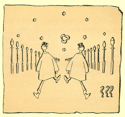 Black and White pen and ink Cartoon by T. Gilbert White, of two men walking down a street lined with lampposts.