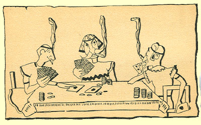 Black and White pen and ink Cartoon by T. Gilbert White, of three men in togas, sitting around a poker table, all are smoking.