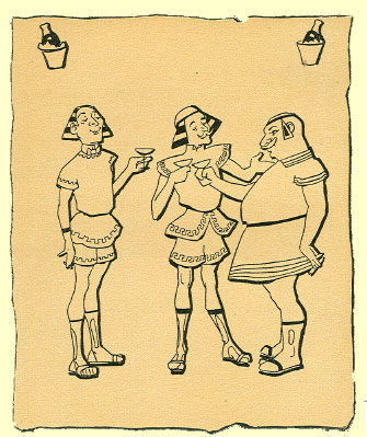 Black and White pen and ink Cartoon by T. Gilbert White, of three men talking, in togas, and each one is holding a martini glass.