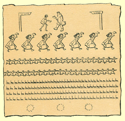 Black and White pen and ink Cartoon by T. Gilbert White, a couple, then a row of women with umbrellas below it, exactly alike, then two rows of children, exactly alike, an then four rows of cats, also identical.