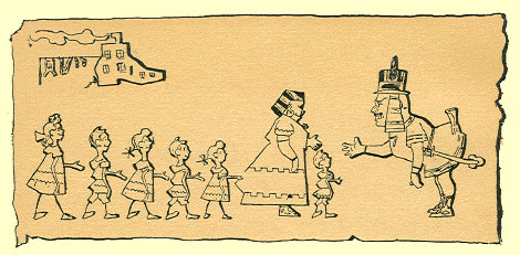 Black and White pen and ink Cartoon by T. Gilbert White, of Theodore roosevelt, in a toga, greeting a woman with six kids.  A shoe house is in the background. 