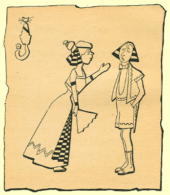 Black and White pen and ink Cartoon by T. Gilbert White, of a woman talking to a man, in shorts and sandals.  A cat is in the background, with its back turned.