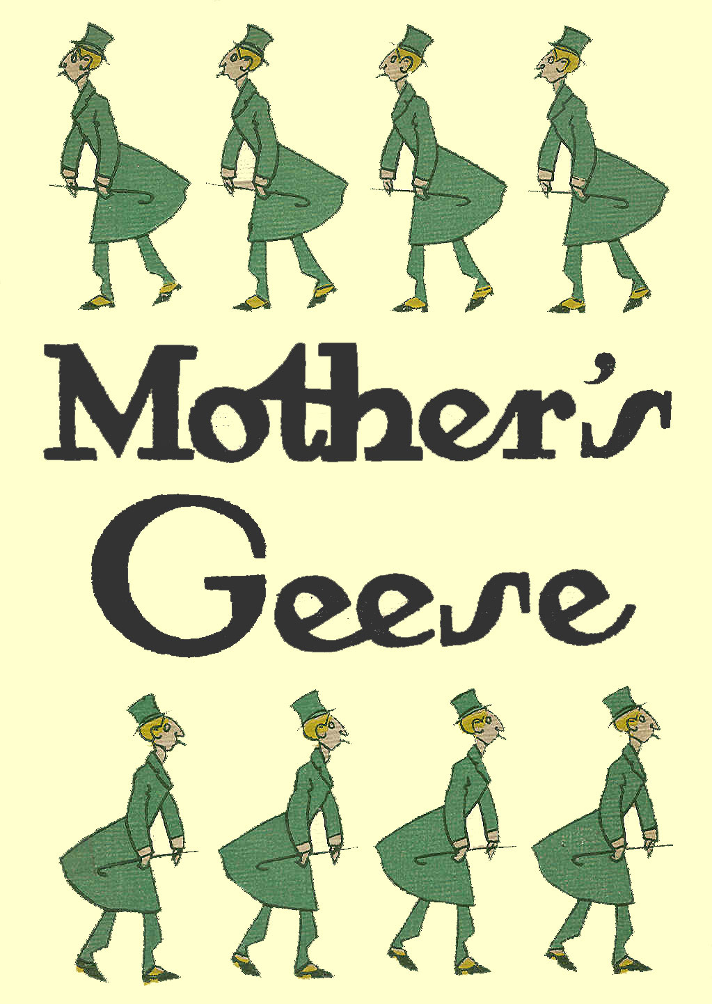 Book cover, by T. Gilbert White, showing  a man with a can, droopy moustache, tophat, and long fitted overcoat, repeated above and below the title.