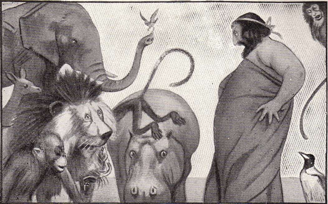 Black and white drawing of a very stout man, with a beard, and headband, in a toga looking at a startled collection of animals.
