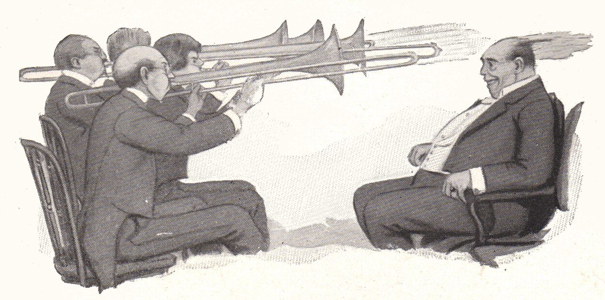 Black and white drawing of a row of trombone plays and a stout man seated right in front of them and smiling hugely.