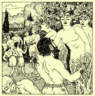 Black and white pen and ink drawing by A. Payne Garnett, of vines with stems which are the torsos and heads of women, bare-chested, some reaching their hands formed of grapes to some bearded men in short pants, equally bare-chested.