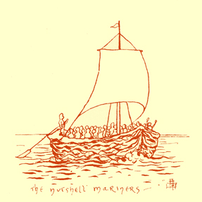 Black and white pen and ink drawing by A. Payne Garnett, of ship made of half a nutshell, with a mast, and crew.  It is titled 'The nutshell mariners'.