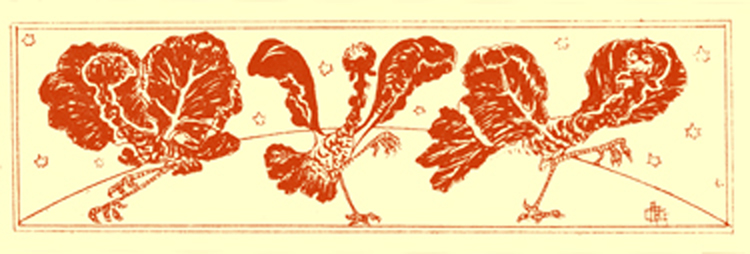 Black and white pen and ink drawing by A. Payne Garnett, of three prancing goofy birds with cabbage leaves for wings.