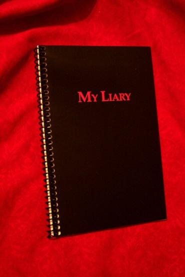 Image of Cover of My Liary, a journal to keep track of all my fibs,  white lies, and larger distortions of the truth; by Luann Overstreet and Susan Rhoads.  Only available for donations on Elfinspell.com